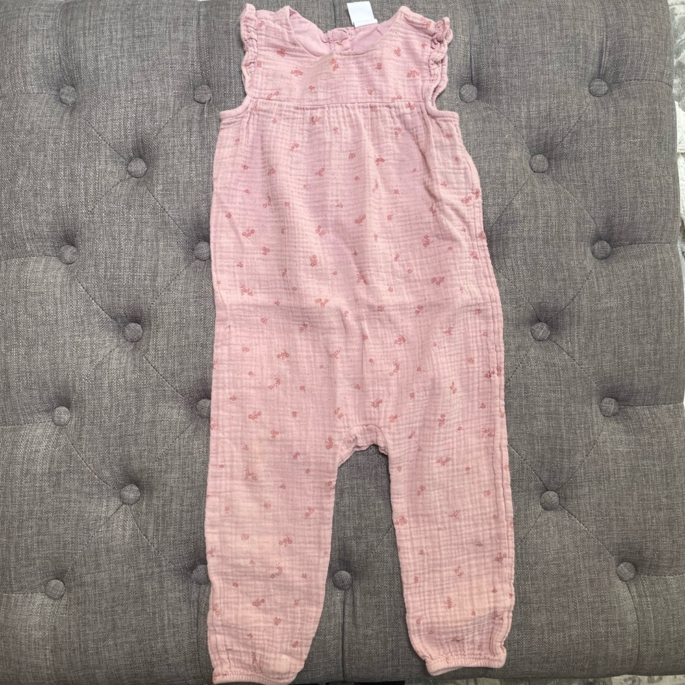 H&M Muslin Pink Floral Jumpsuit Romper with Ruffle Sleeves Baby Girl 18-24M